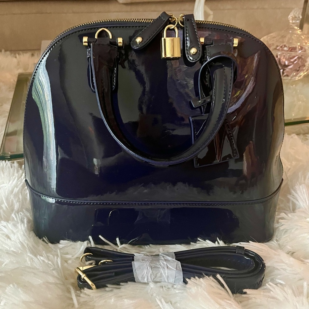 Navy Blue Patent Leather Dome Handbag